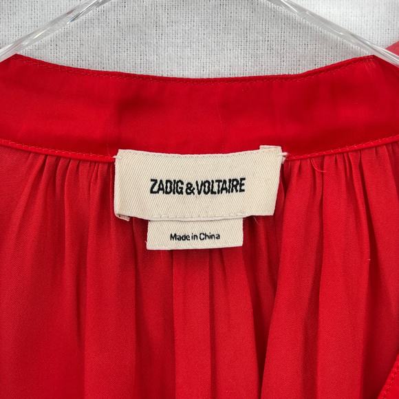 ZADIG AND VOLTAIRE Tink Satin Shirt Womens Medium Red Long Sleeve Split Neck Top - Picture 9 of 16